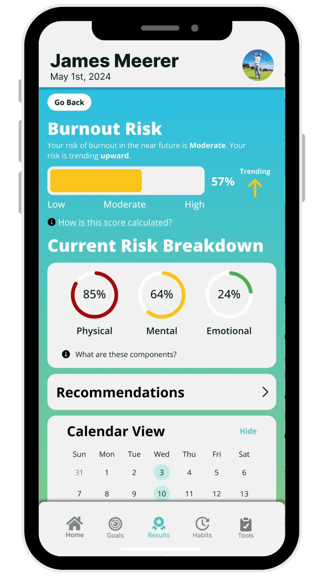 OneIota assessment interface showing burnout risk analysis